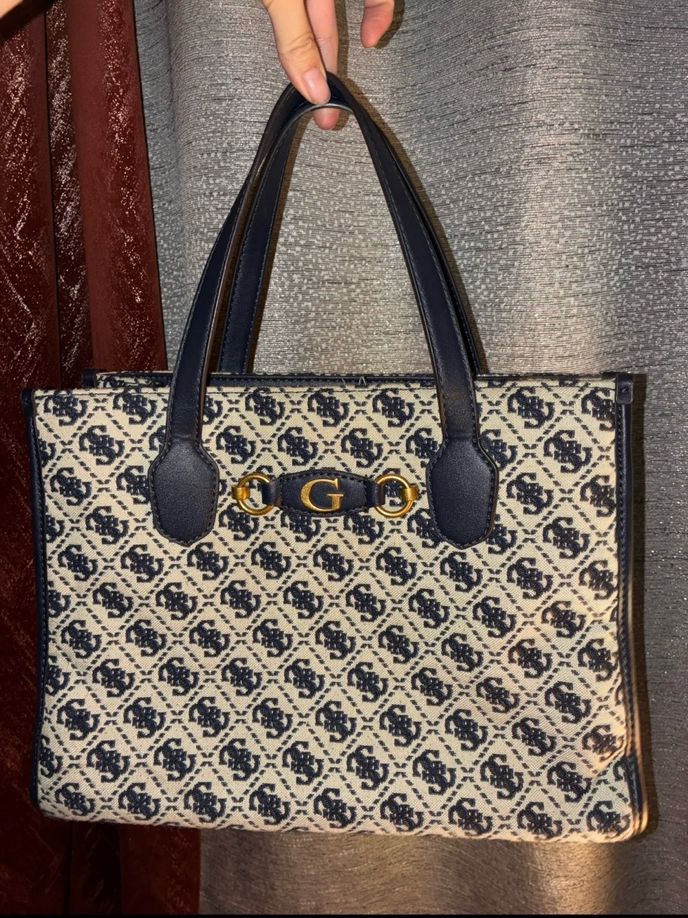 GUESS Monogram Canvas Tote Bag with Navy Trim